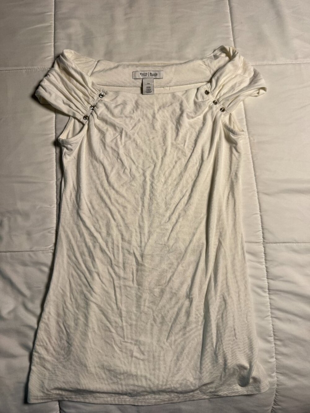 White House Black Market White Ruched Rhinestone Cap Sleeve Top Blouse - XS - Picture 1 of 8